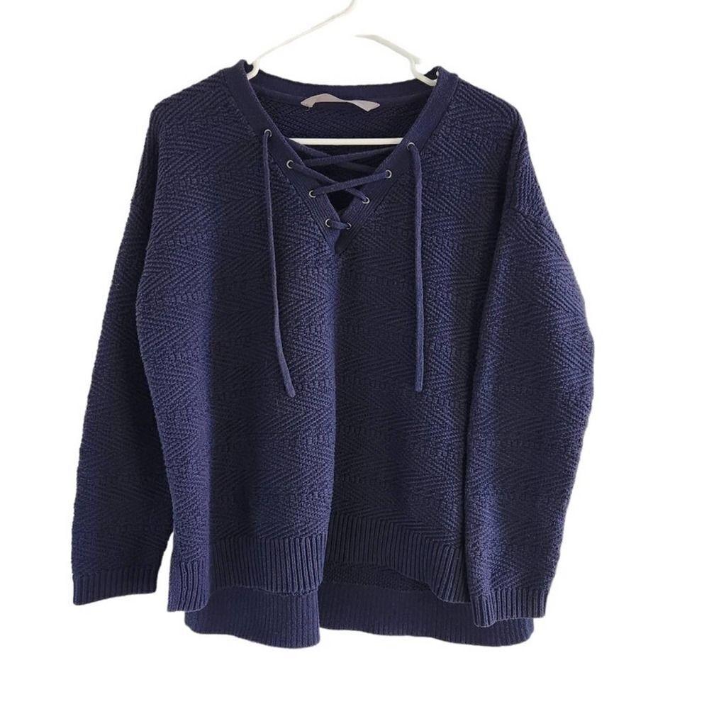 𝅺ATHLETA Lace up Neckline navy Blue Pullover Sweatshirt Medium